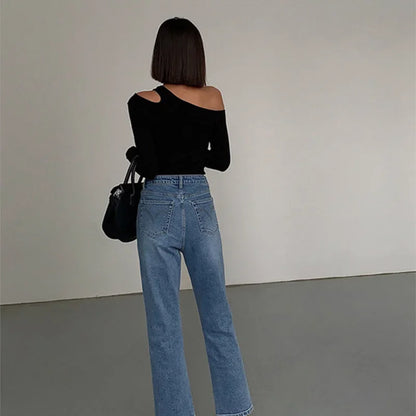 Women’s Off-Shoulder Skew Collar Crop Top – Slim Fit Long Sleeve