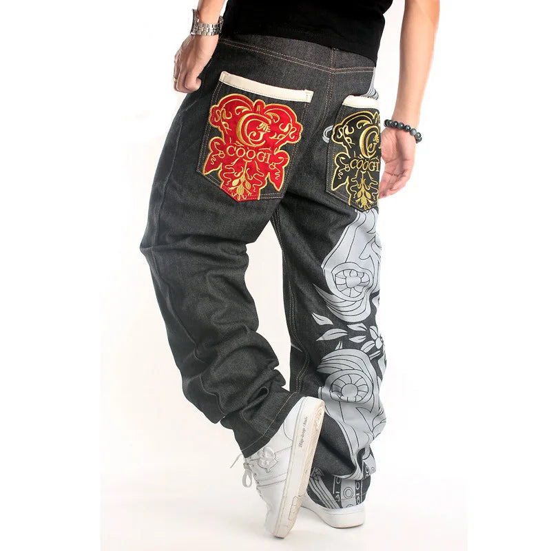 Men’s Y2K Embroidered Baggy Jeans – Oversized Hip Hop Punk Denim