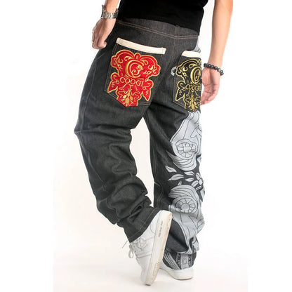 Men’s Y2K Embroidered Baggy Jeans – Oversized Hip Hop Punk Denim