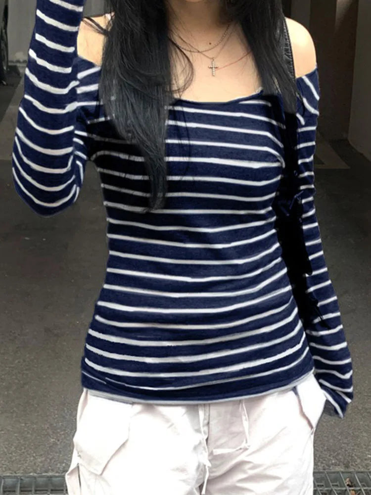 Women’s Slim Off-Shoulder Stripe Long Sleeve Tee