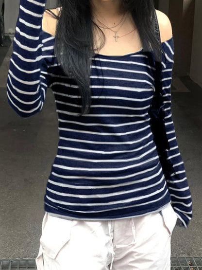 Women’s Slim Off-Shoulder Stripe Long Sleeve Tee