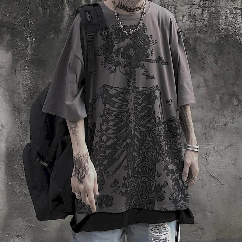Men’s Gothic Skull Tee – Oversized Y2K Streetwear Short Sleeve