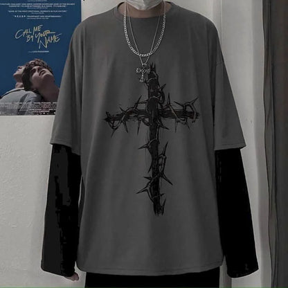 Men’s Oversized Dark Tee – Cross of Thorns Long Sleeve Y2K Streetwear
