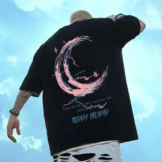 Men’s Oversized Pink Crescent Tee – Vintage Loose Fit Short Sleeve