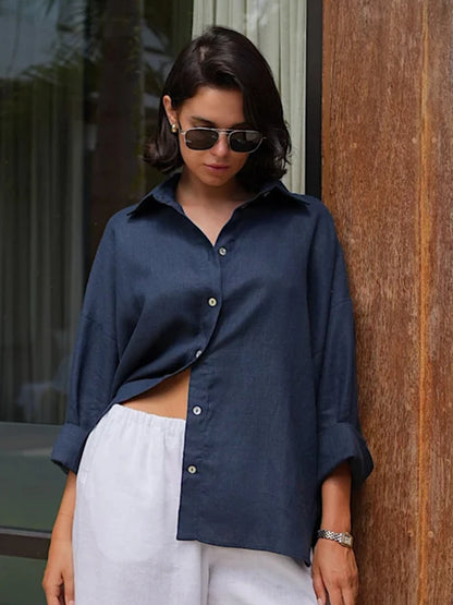 Women’s 100% Cotton Loose Shirt – Versatile Solid Color Casual Cardigan Top