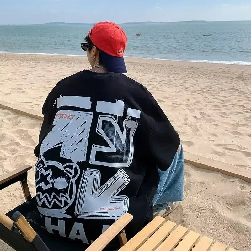 Cartoon Graffiti Tee – Short Sleeve Alphabet Print T-Shirt