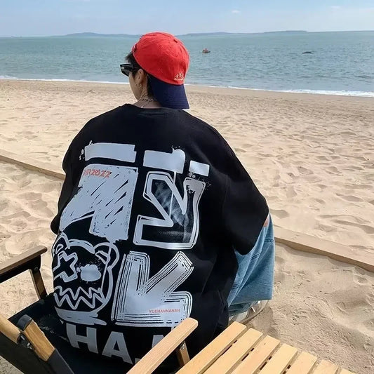 Cartoon Graffiti Tee – Short Sleeve Alphabet Print T-Shirt