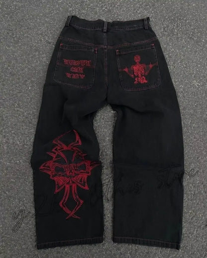 Men’s Y2K Skull Embroidered Baggy Jeans – Retro Hip-Hop Wide-Leg Denim Pants