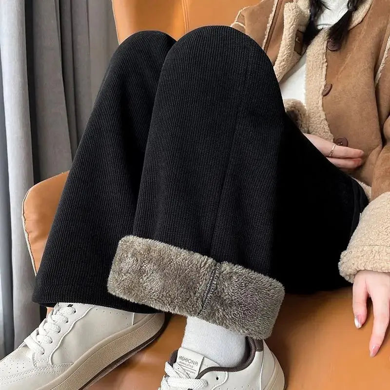 Women’s Corduroy Lambswool Pants – High Waist Loose Wide-Leg Fleece Trousers