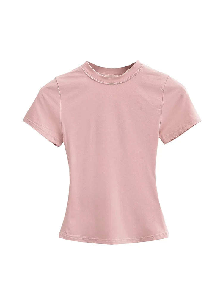 Casual Slim-Fit Short Sleeve T-Shirt – Solid Top for Women