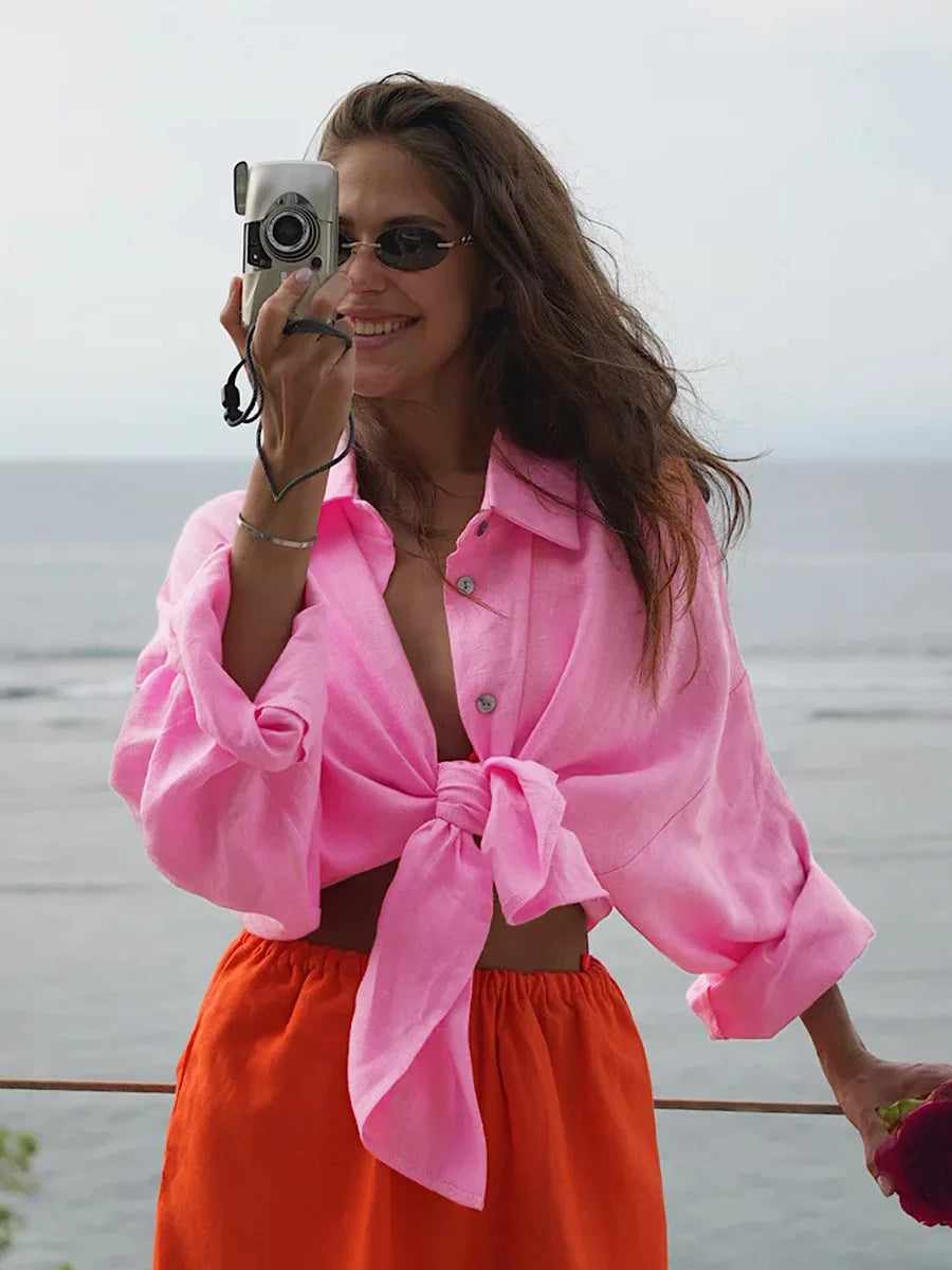 Women’s 100% Cotton Loose Shirt – Versatile Solid Color Casual Cardigan Top