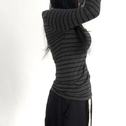 Women’s Slim Off-Shoulder Stripe Long Sleeve Tee