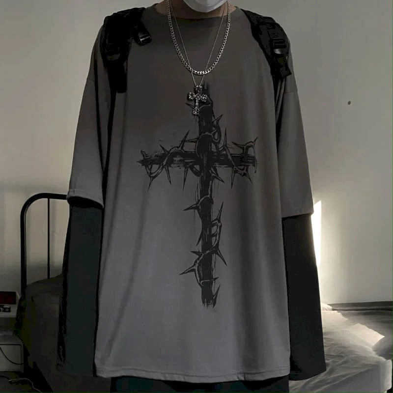Men’s Oversized Dark Tee – Cross of Thorns Long Sleeve Y2K Streetwear