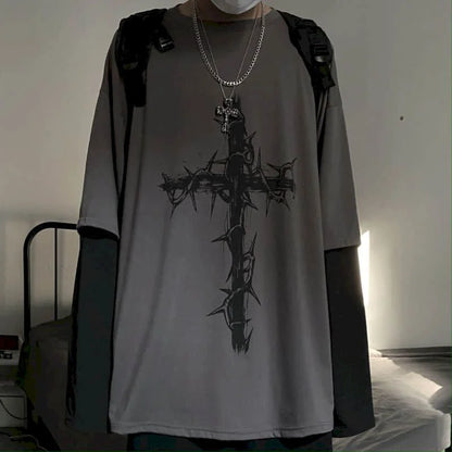 Men’s Oversized Dark Tee – Cross of Thorns Long Sleeve Y2K Streetwear