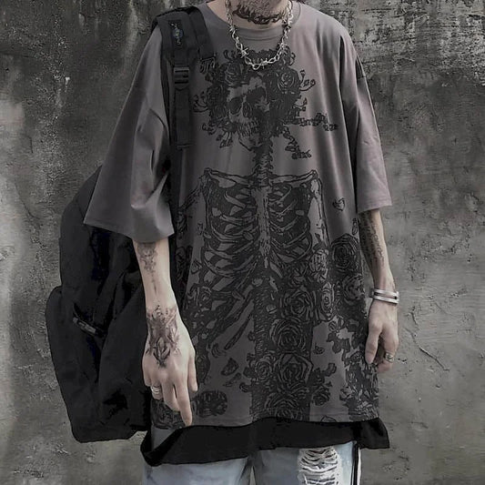 Men’s Gothic Skull Tee – Oversized Y2K Streetwear Short Sleeve