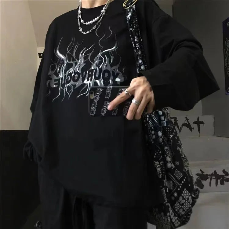 Men’s Oversized Dark Tee – Cross of Thorns Long Sleeve Y2K Streetwear
