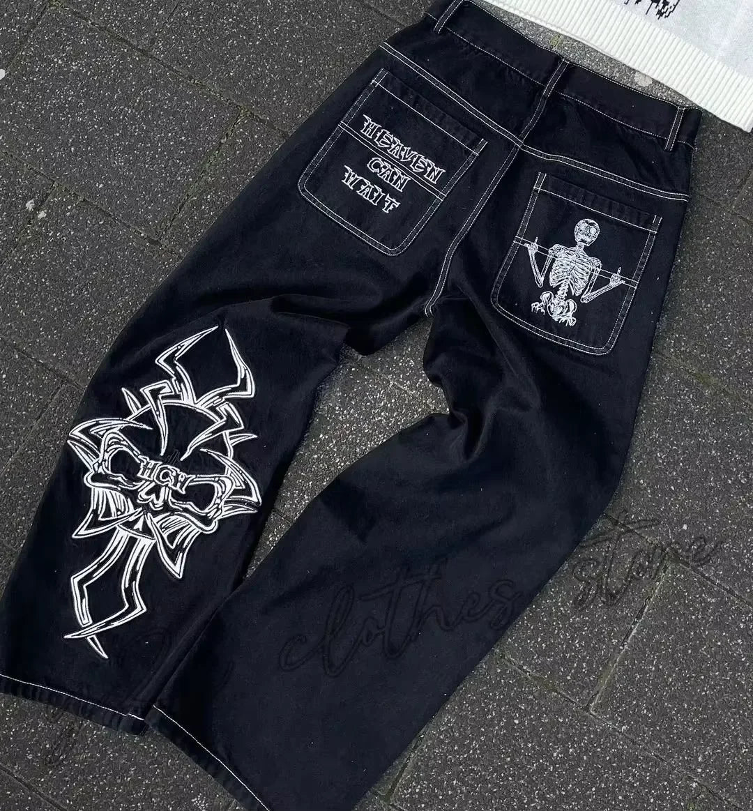Men’s Y2K Skull Embroidered Baggy Jeans – Retro Hip-Hop Wide-Leg Denim Pants