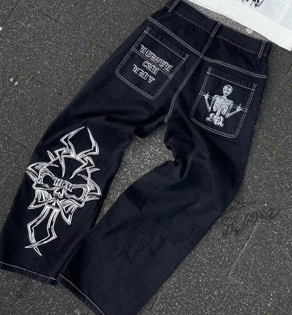 Men’s Y2K Skull Embroidered Baggy Jeans – Retro Hip-Hop Wide-Leg Denim Pants
