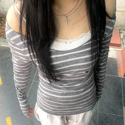 Women’s Slim Off-Shoulder Stripe Long Sleeve Tee