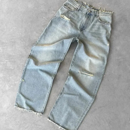 Men’s Distressed Straight Jeans – Ripped Washed Denim Ankle-Length Pants