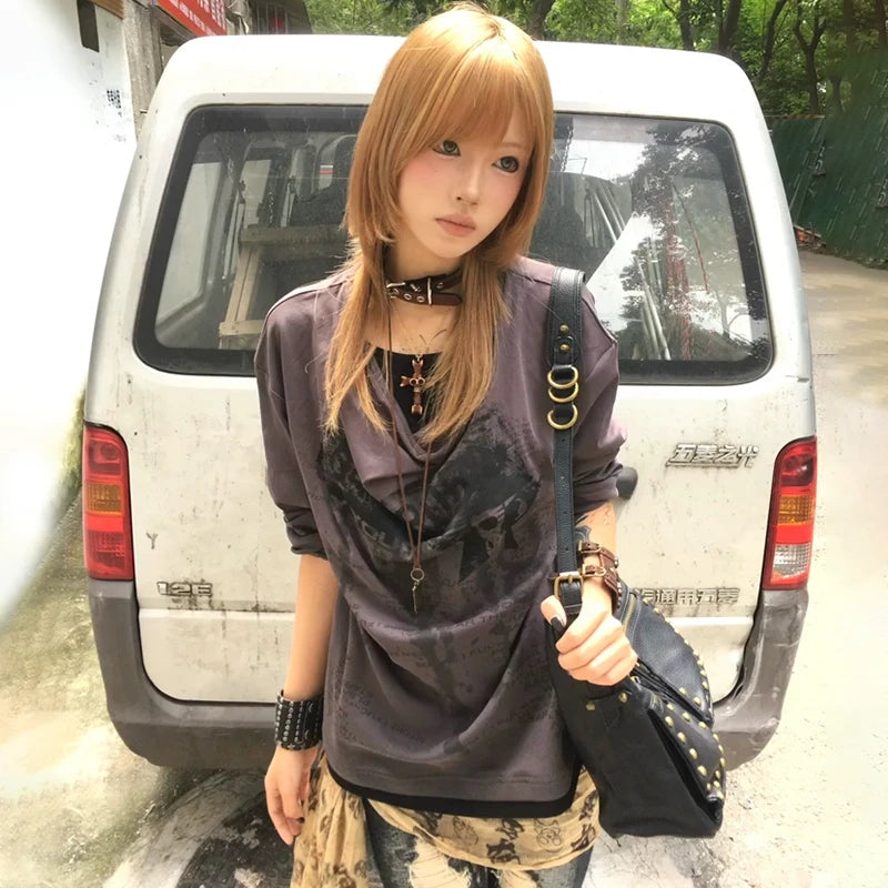 Grunge Y2K Fake Two-Piece Long Sleeve Top