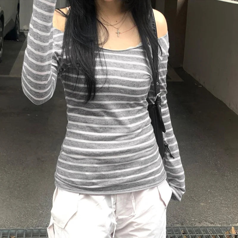 Women’s Slim Off-Shoulder Stripe Long Sleeve Tee