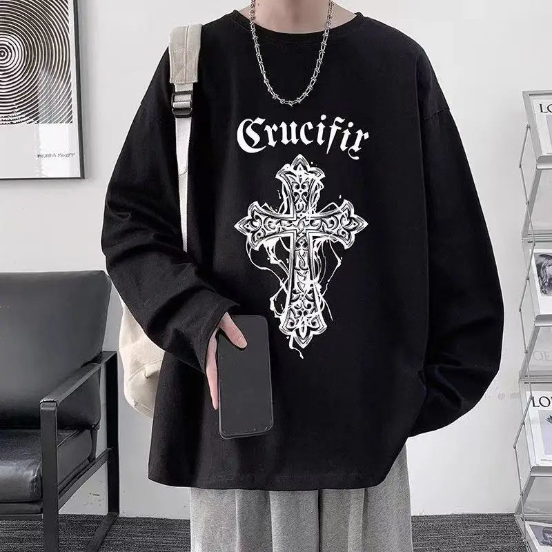 Men’s Oversized Dark Tee – Cross of Thorns Long Sleeve Y2K Streetwear