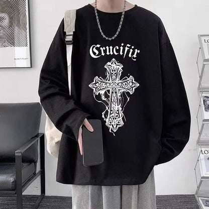 Men’s Oversized Dark Tee – Cross of Thorns Long Sleeve Y2K Streetwear
