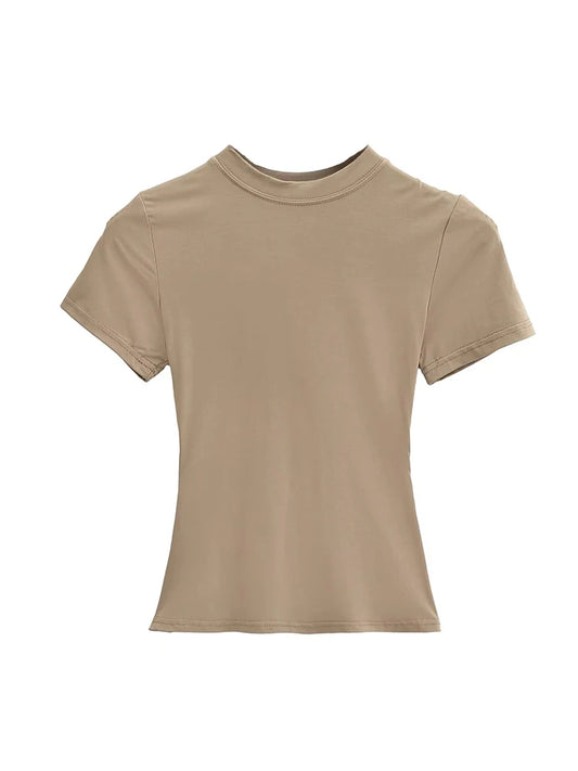 Casual Slim-Fit Short Sleeve T-Shirt – Solid Top for Women