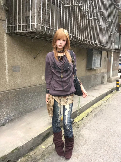 Grunge Y2K Fake Two-Piece Long Sleeve Top