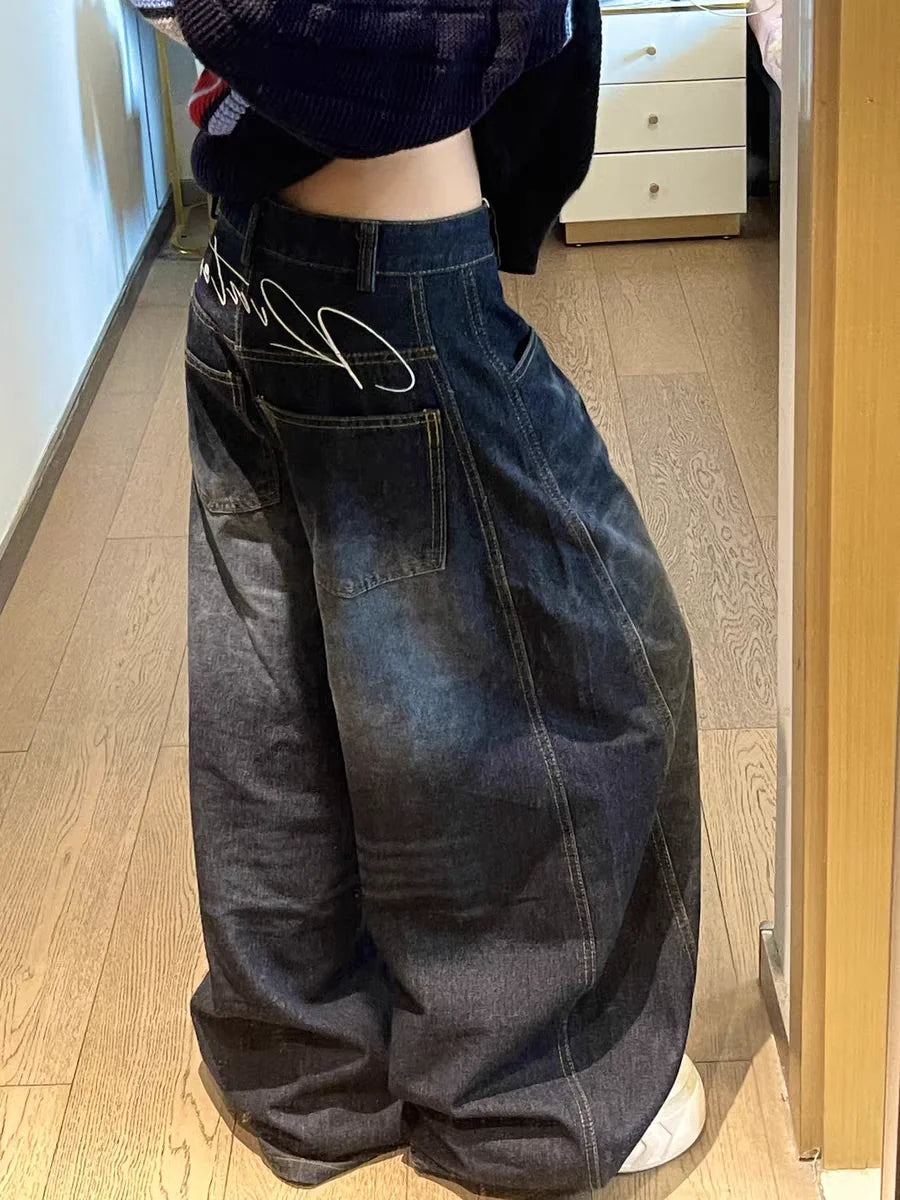 Women’s Y2K Baggy Jeans – Blue Washed Wide-Leg Vintage Cargo Pants