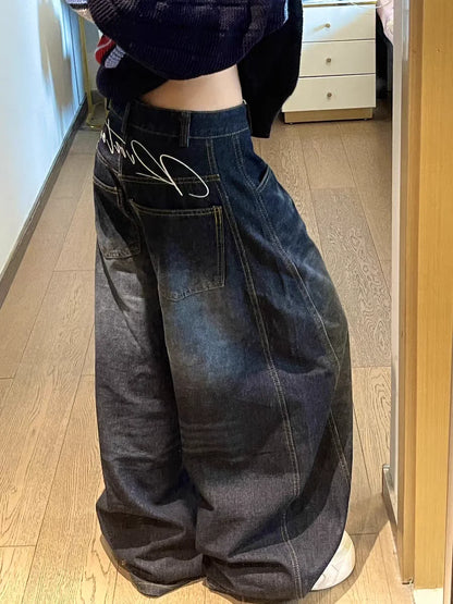 Women’s Y2K Baggy Jeans – Blue Washed Wide-Leg Vintage Cargo Pants