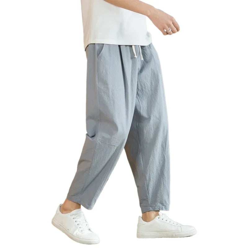 Men’s Cotton-Linen Baggy Pants – Loose Straight Lightweight Drawstring Trousers